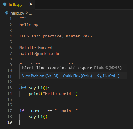 Flake8 pointing out whitespace on a line